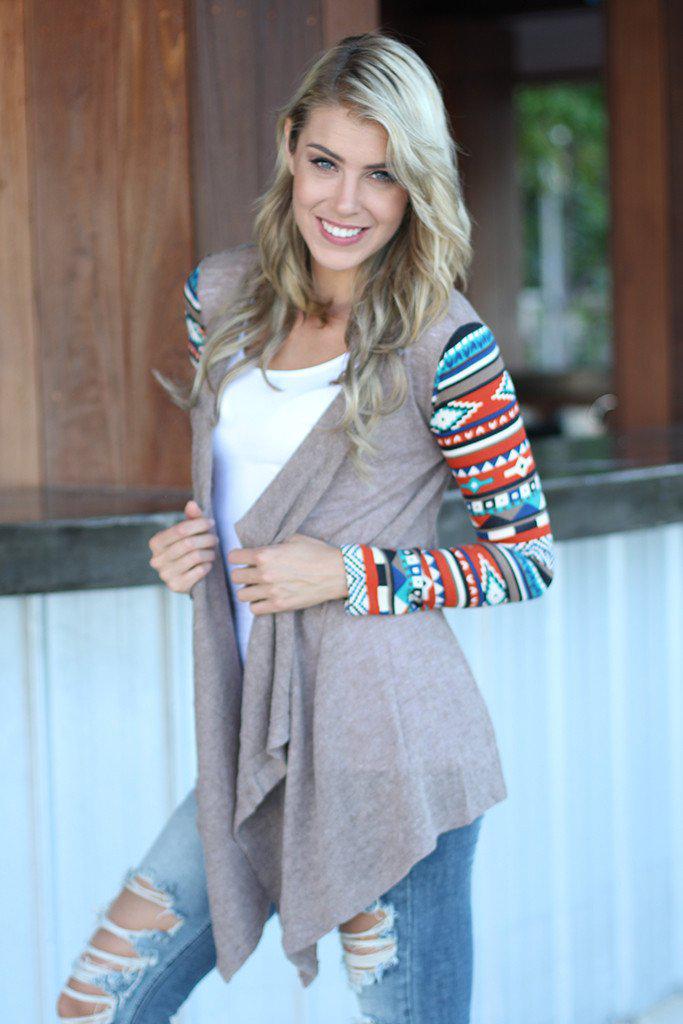 Taupe Cardigan With Printed Sleeves