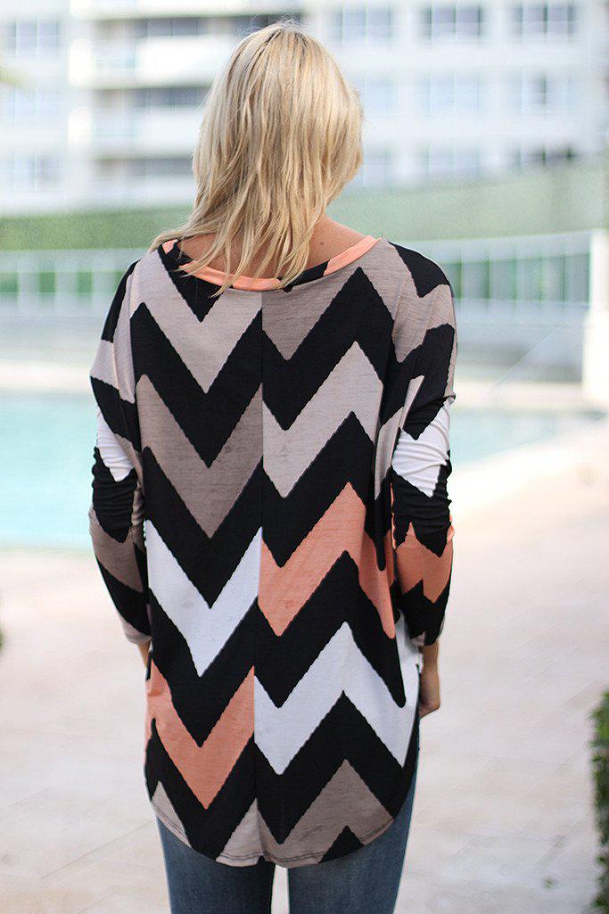 Taupe Chevron Top With Crochet Pocket