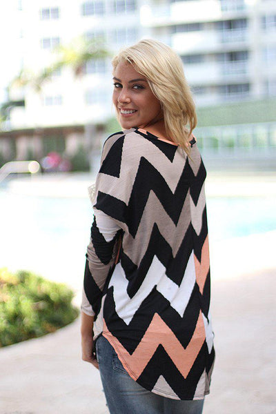 Taupe Chevron Top With Crochet Pocket
