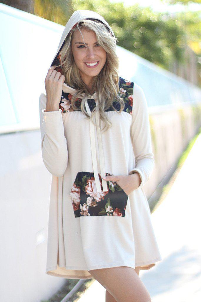 Taupe Floral Hooded Tunic