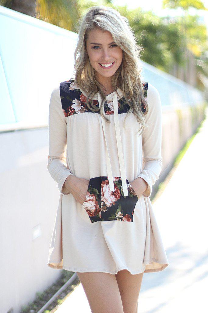 Taupe Floral Hooded Tunic