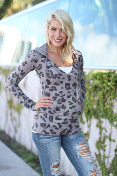 Taupe Leopard Print Hooded Sweater