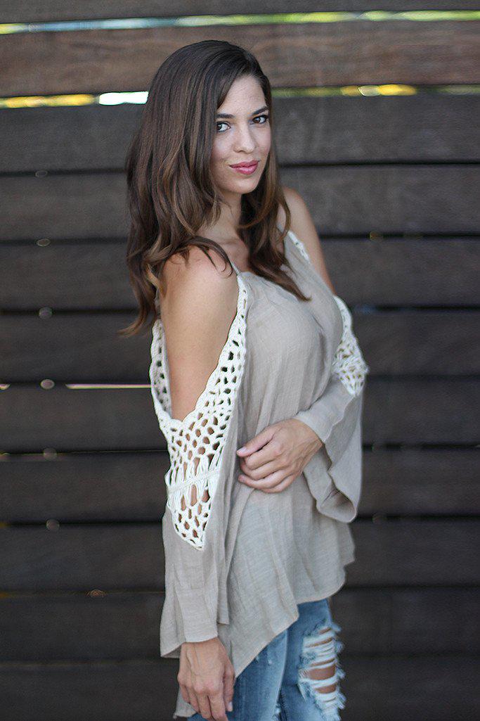 Taupe Off Shoulder Top With Crochet Detail