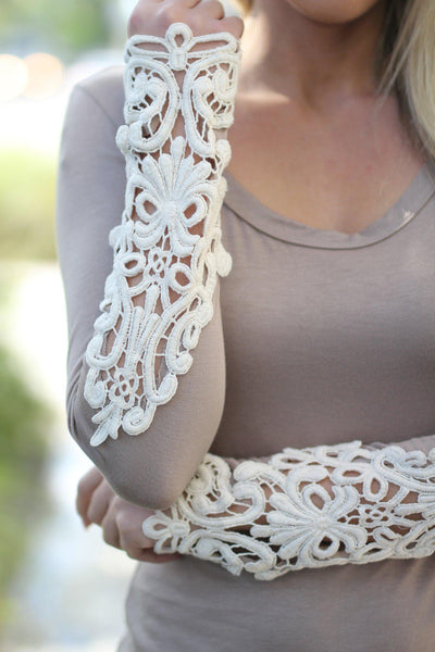 Taupe Top With Crochet Sleeves
