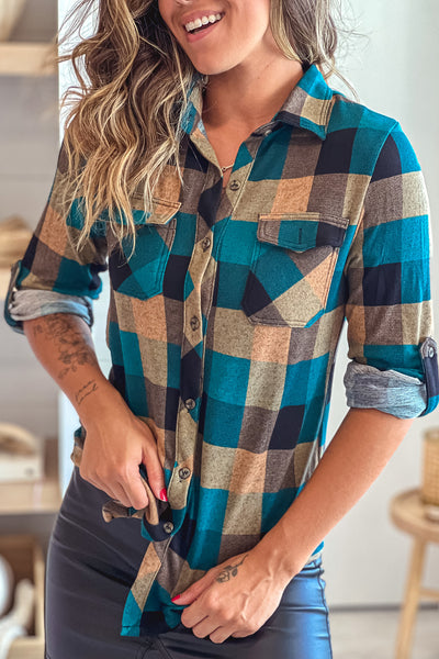 teal and taupe plaid top with buttons