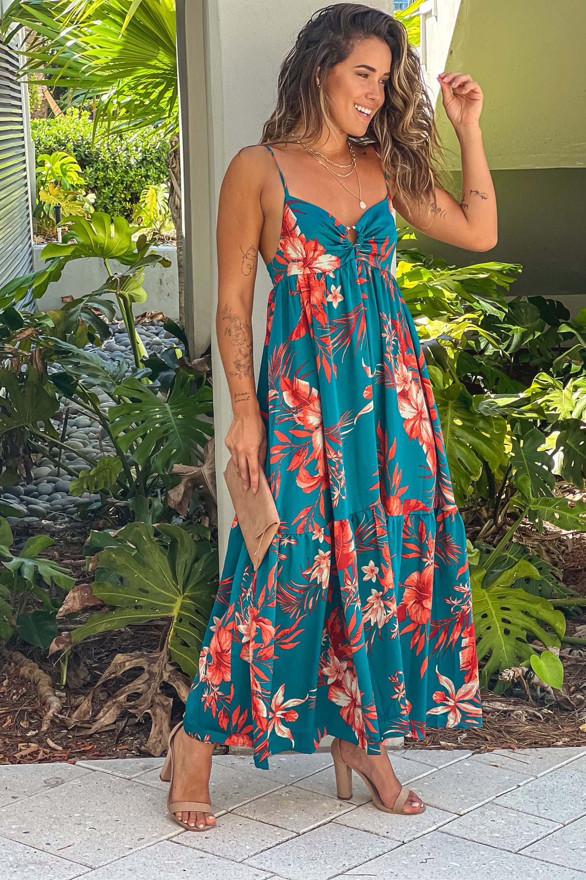 Teal Floral Maxi Dress With Front Detail | Beautiful Dresses – Saved by ...