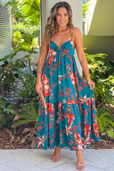 teal floral maxi dress with floral detail