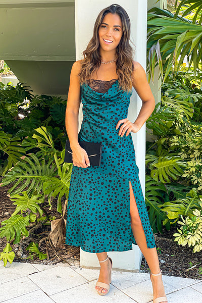 teal printed midi dress with lace detail