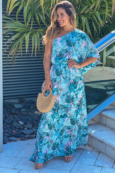 teal tropical print summer maxi dress