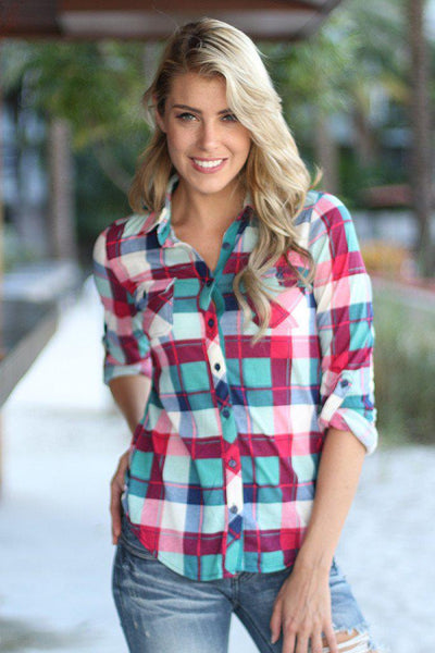 Teal And Magenta Plaid Top