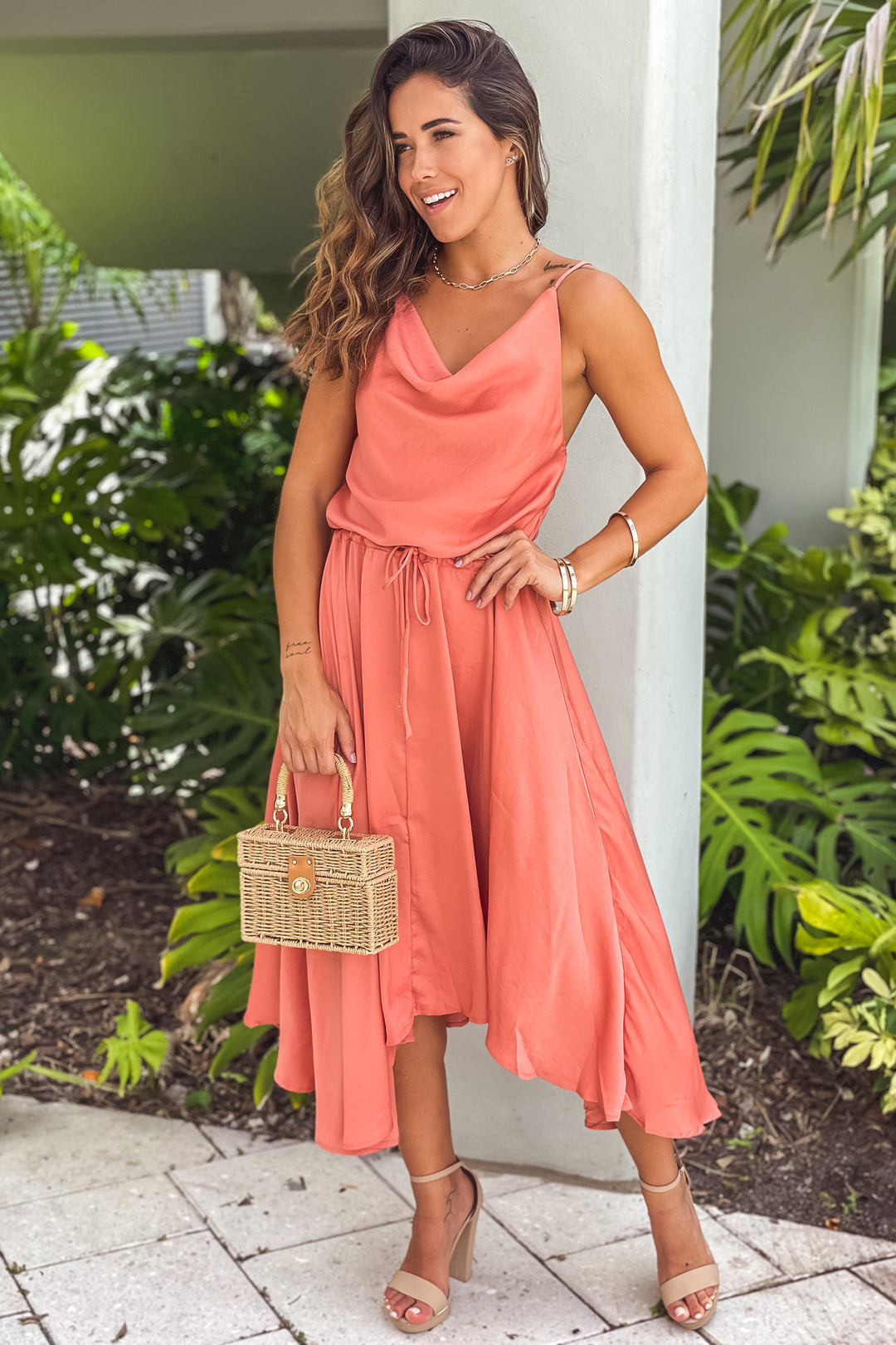 Terracotta Satin Midi Dress With Cowl Neck