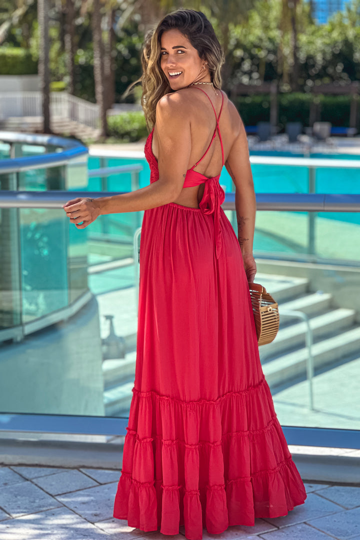 Tomato Red Crochet Top Maxi Dress With Tie Back | Maxi Dresses Saved by the Dress Tomato Red Crochet Top Maxi Dress With Tie Back | Maxi Dresses Saved by the Dress