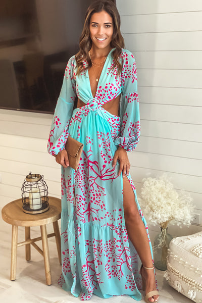 turquoise and pink maxi dress with cut out and long sleeves