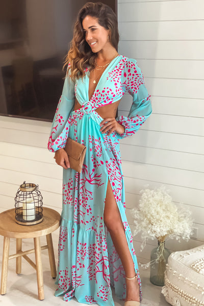 turquoise and pink maxi dress with long sleeves