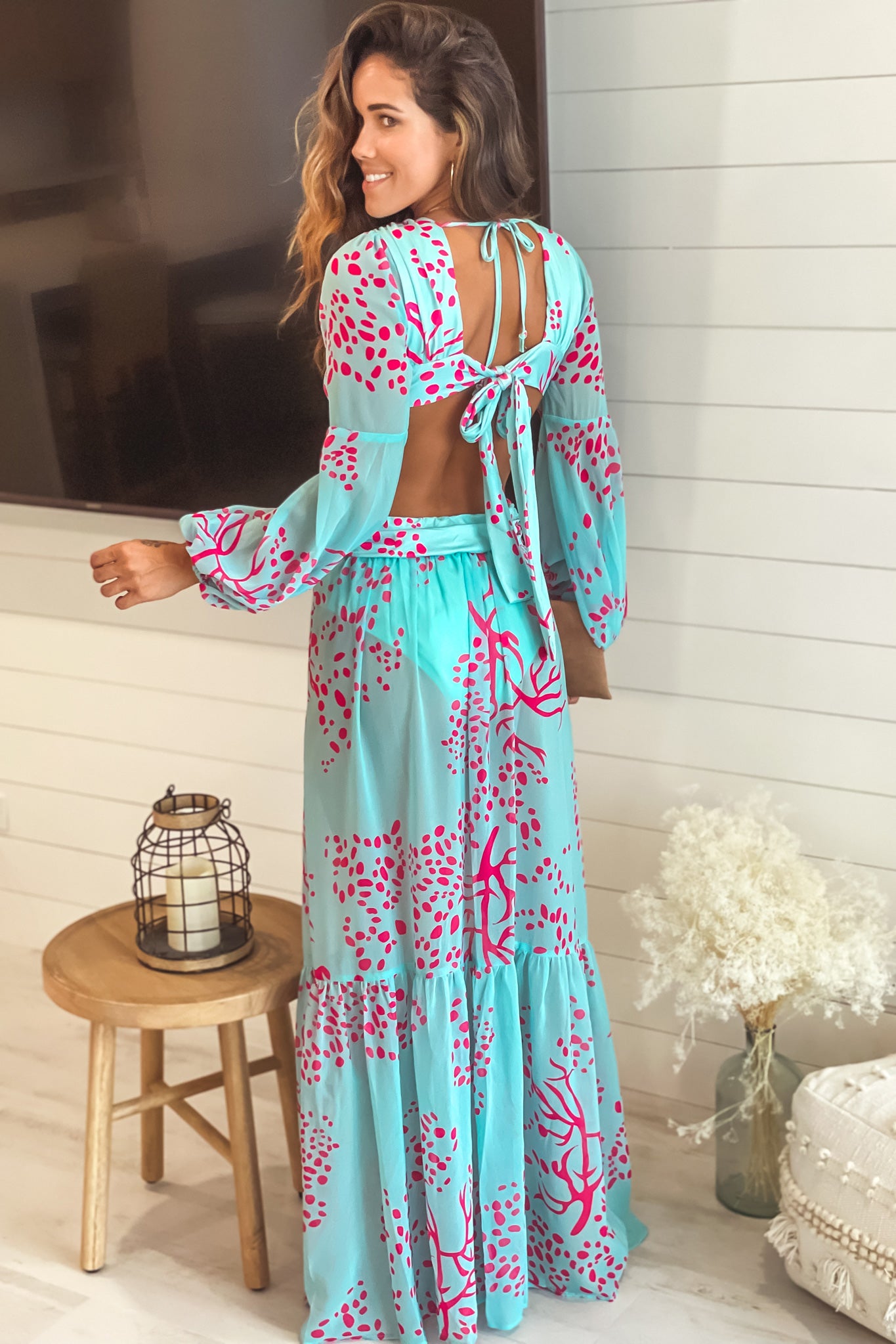 turquoise and pink maxi dress with tie back