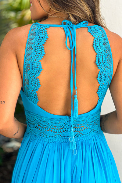 turquoise maxi dress with crochet trim