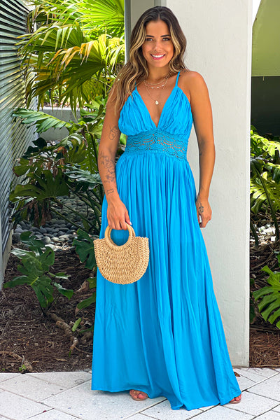 turquoise maxi dress with open back and crochet trim