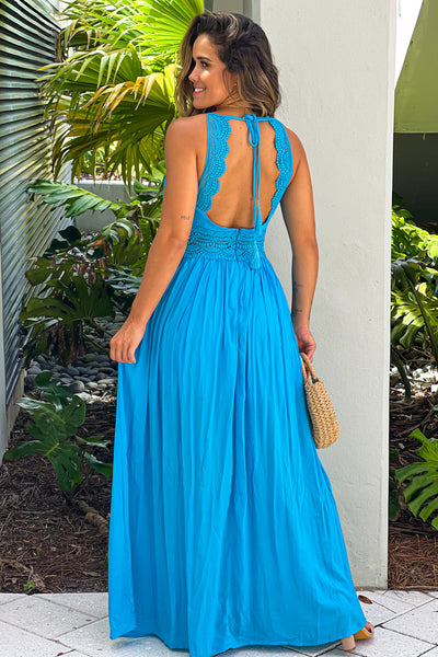 turquoise maxi dress with open back