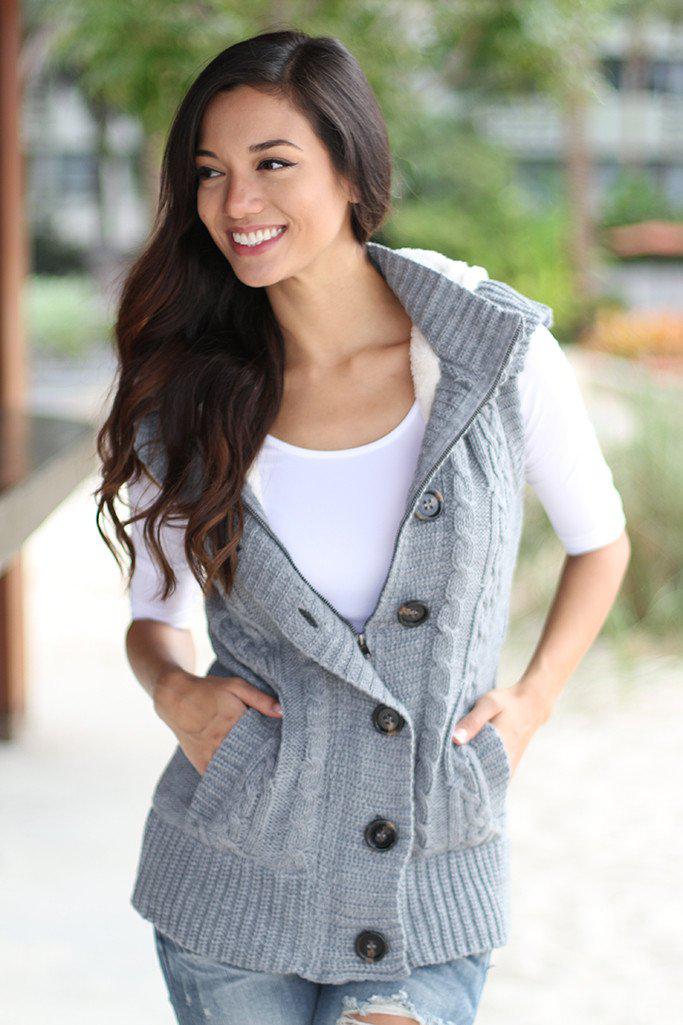 Gray Fur Sweater Vest With Hoodie