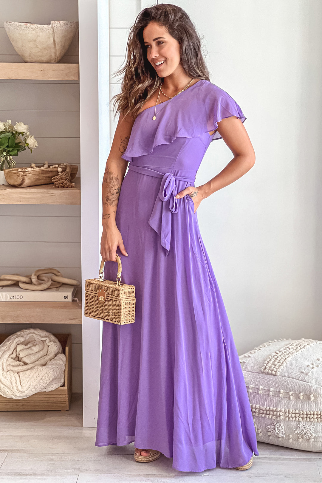 purple bridesmaid dresses with pockets A-Line V-neck Chiffon Front Slit Long Bridesmaid Dress Wth Pockets   BIZTUNNEL
