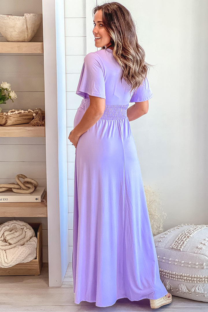 Violet Maternity Maxi Dress with Slit and Short Sleeves | Saved By The Dress Saved by the Dress Violet Maternity Maxi Dress with Slit and Short Sleeves | Saved By The Dress Saved by the Dress