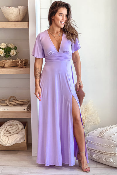 Violet Maxi Dress With Slit And Short Sleeves