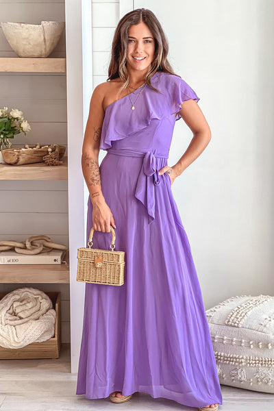 violet one shoulder maxi dress with pockets
