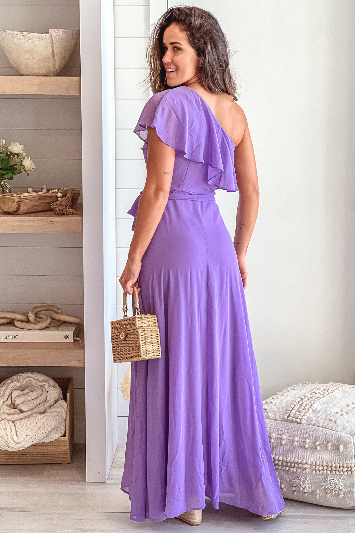 violet one shoulder maxi dress