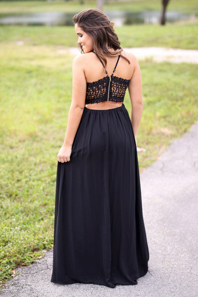 black crochet back party dress