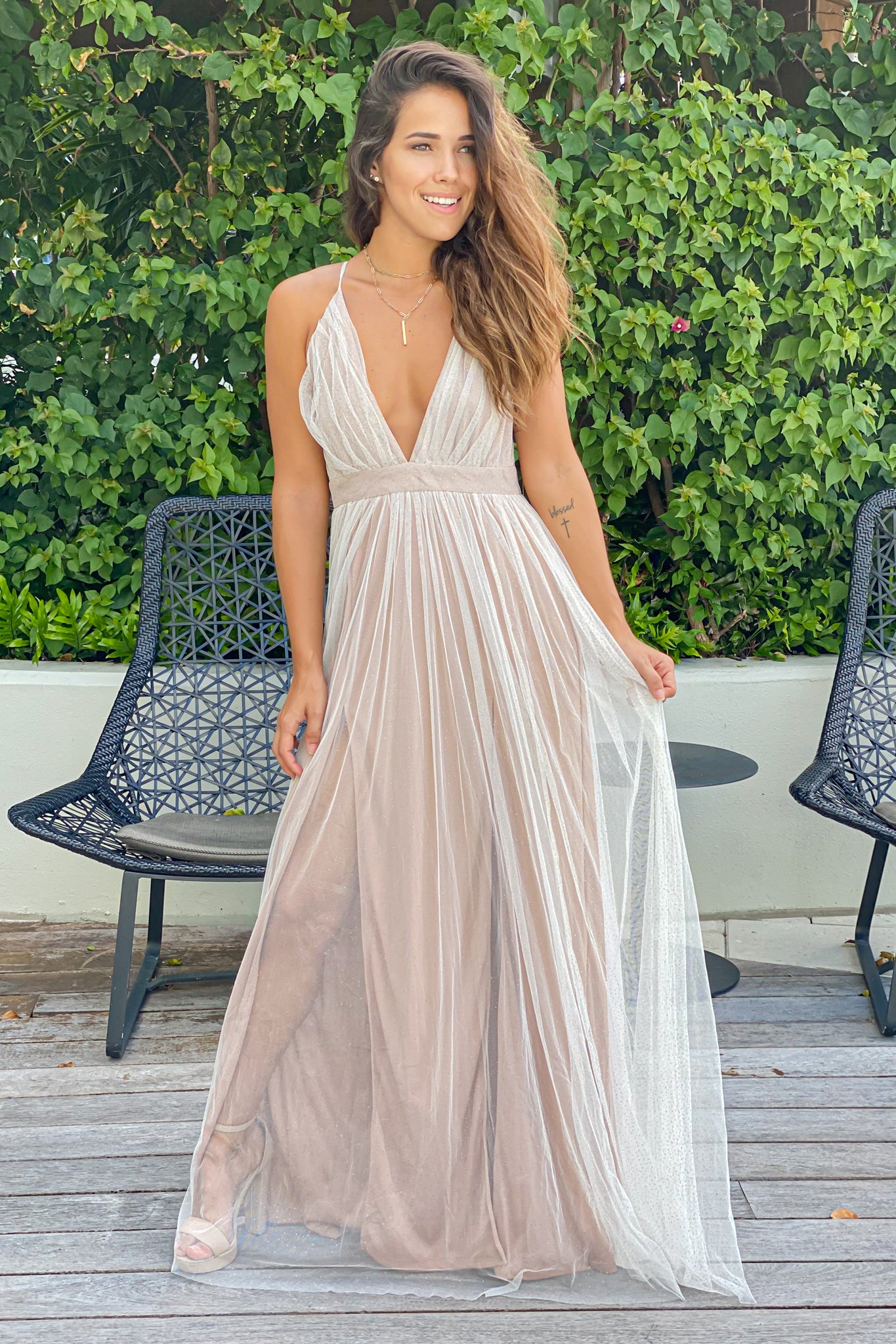 white and beige maxi dress with gold glitter mesh