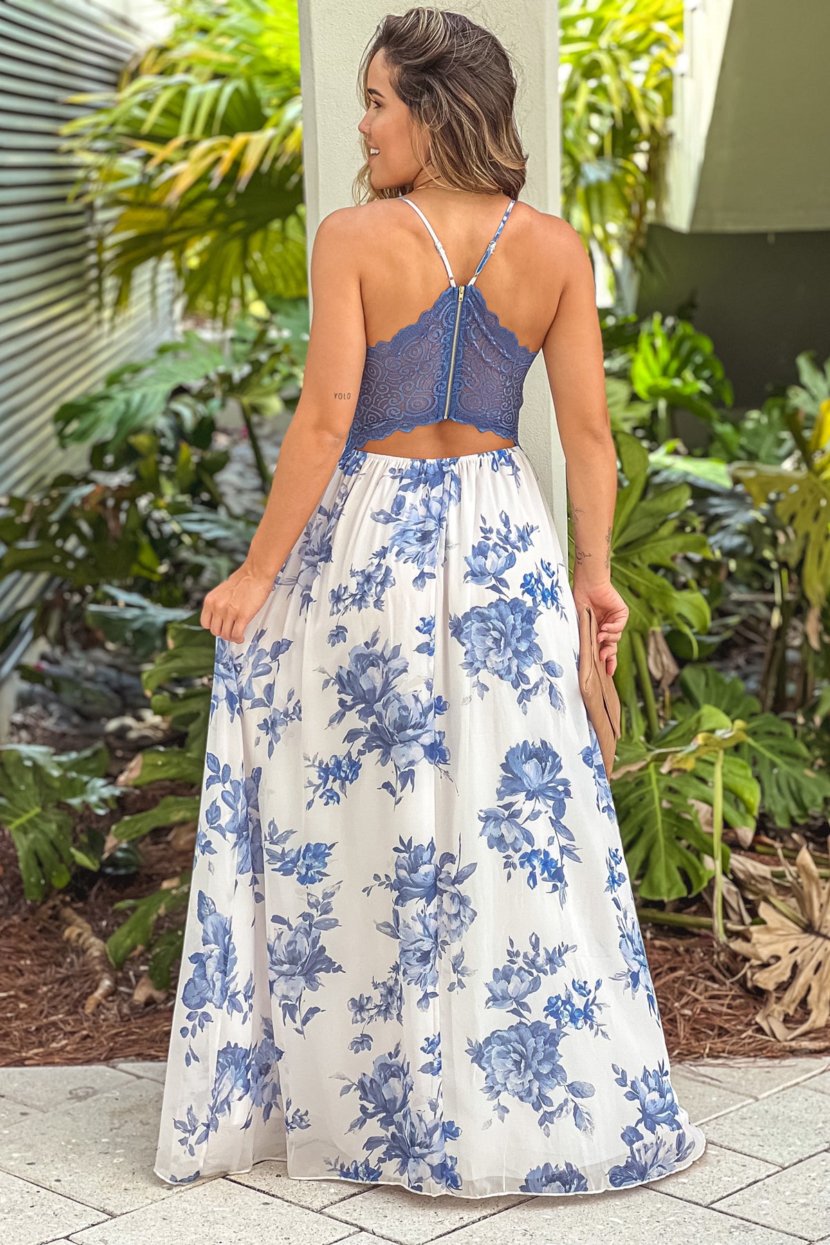 White And Blue Floral Maxi Dress With Lace Back