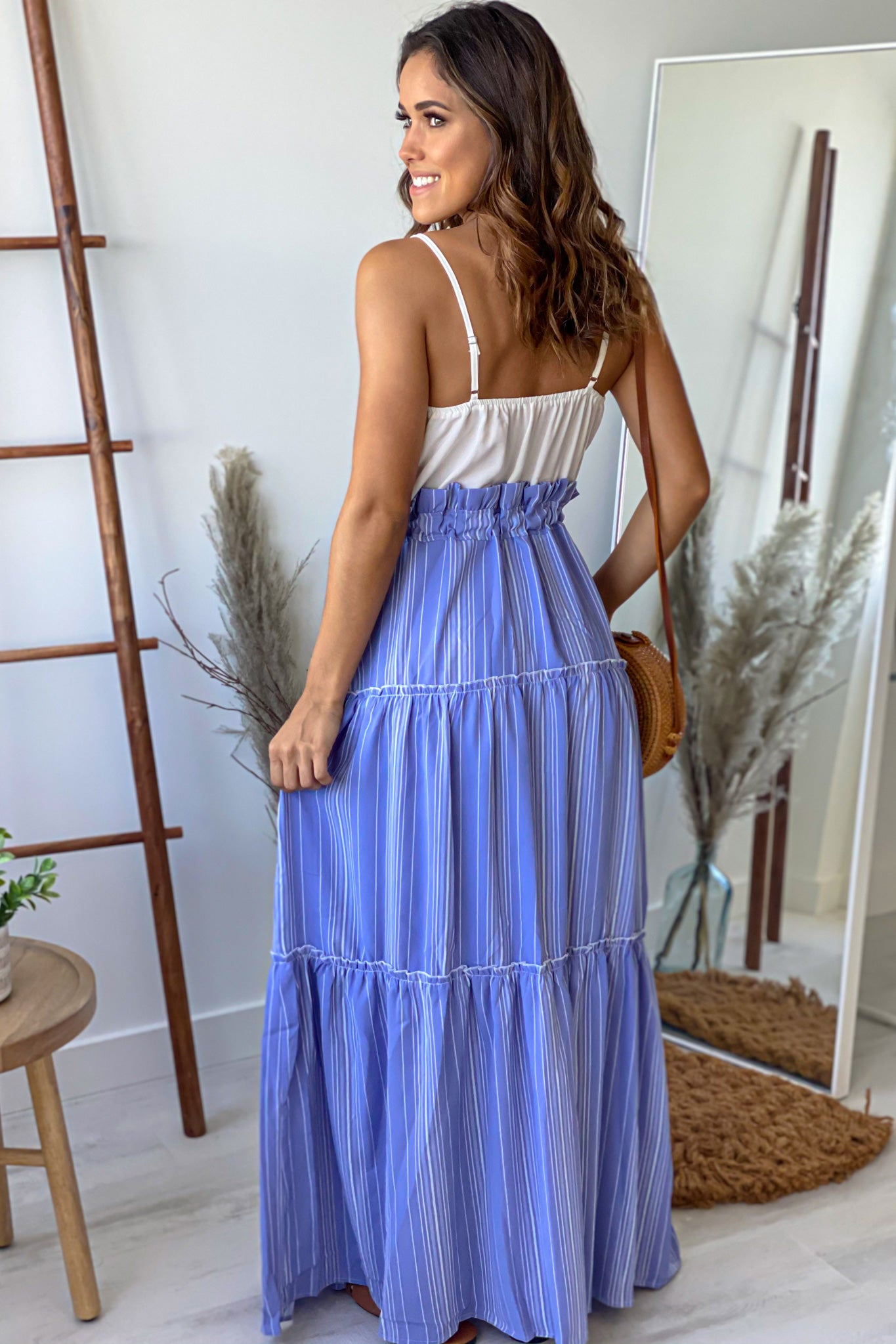 White and Blue Striped Maxi Dress