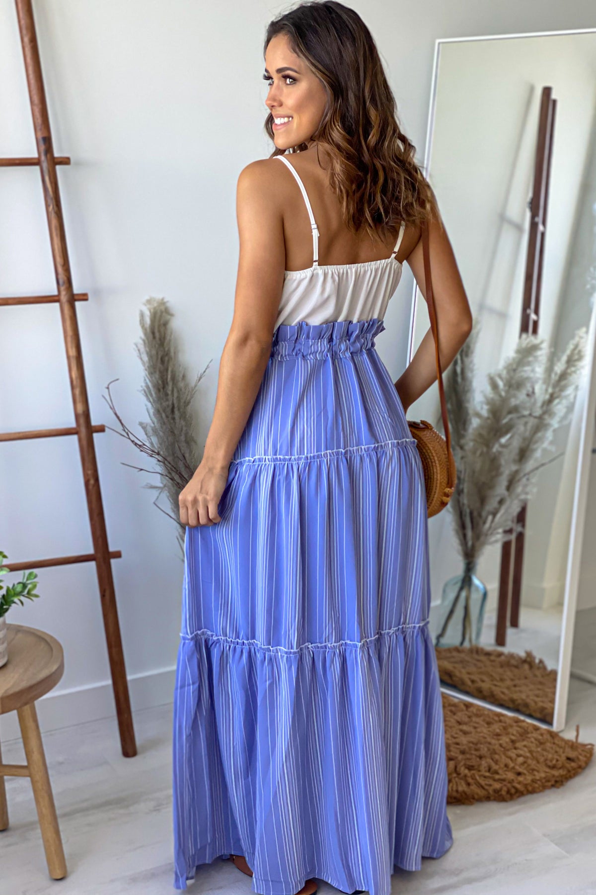 White and Blue Striped Maxi Dress