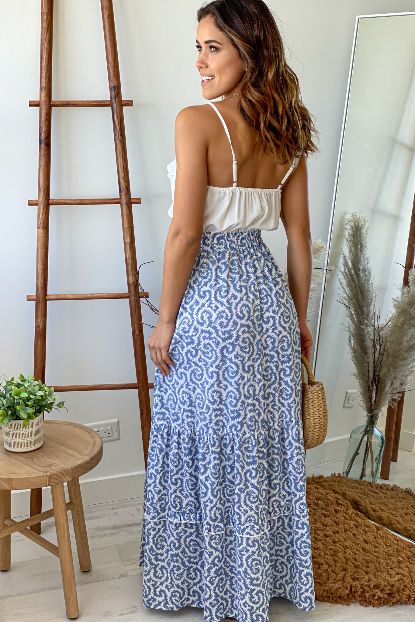 white and blue maxi dress