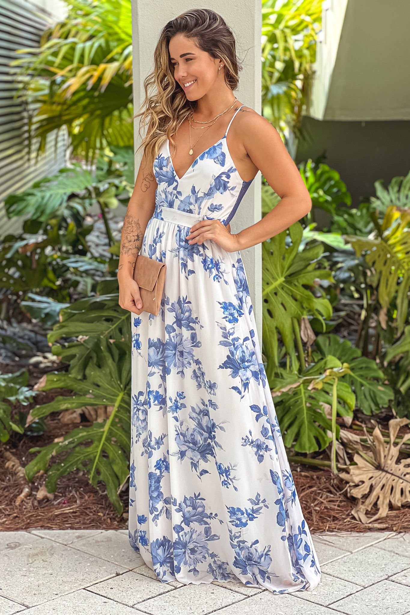White And Blue Floral Maxi Dress With Lace Back