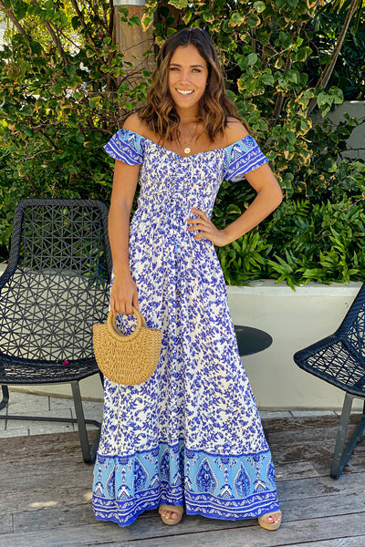 white and blue off shoulder printed maxi dress