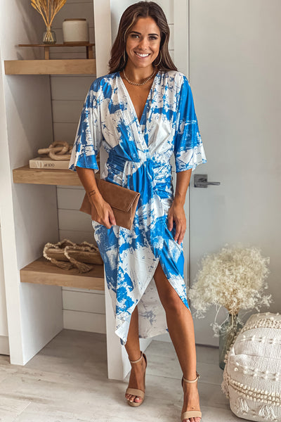 white and blue printed asymmetrical ruched dress