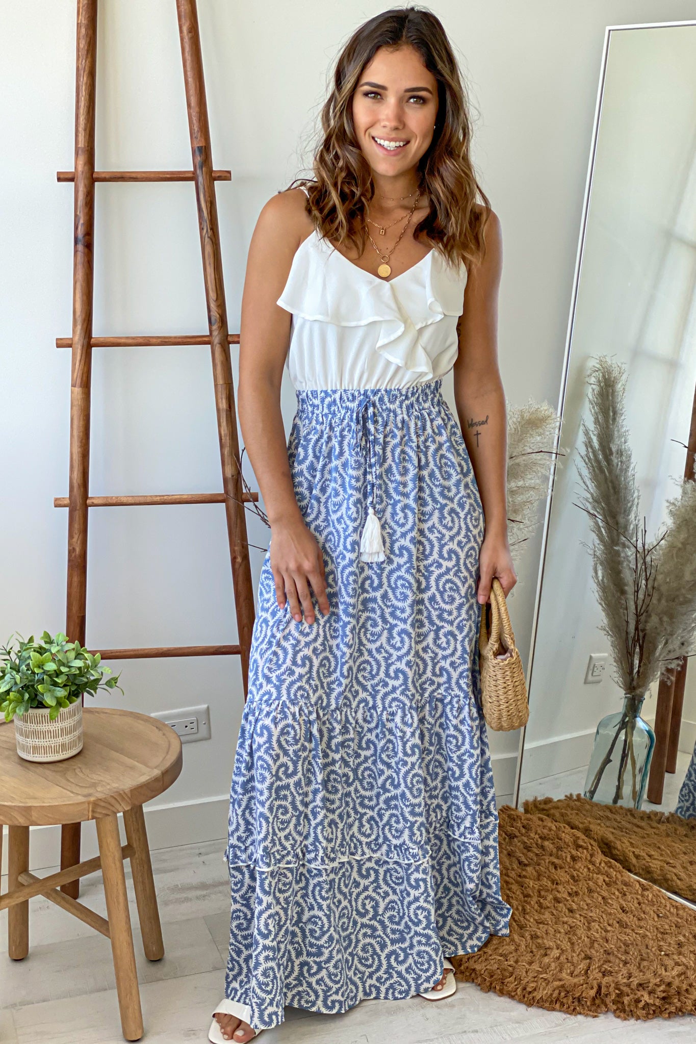 white and blue printed maxi dress
