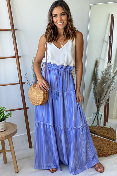 white and blue striped maxi dress