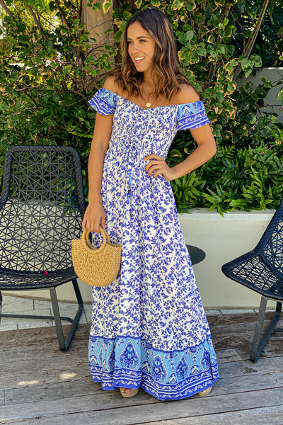 white and blue summer maxi