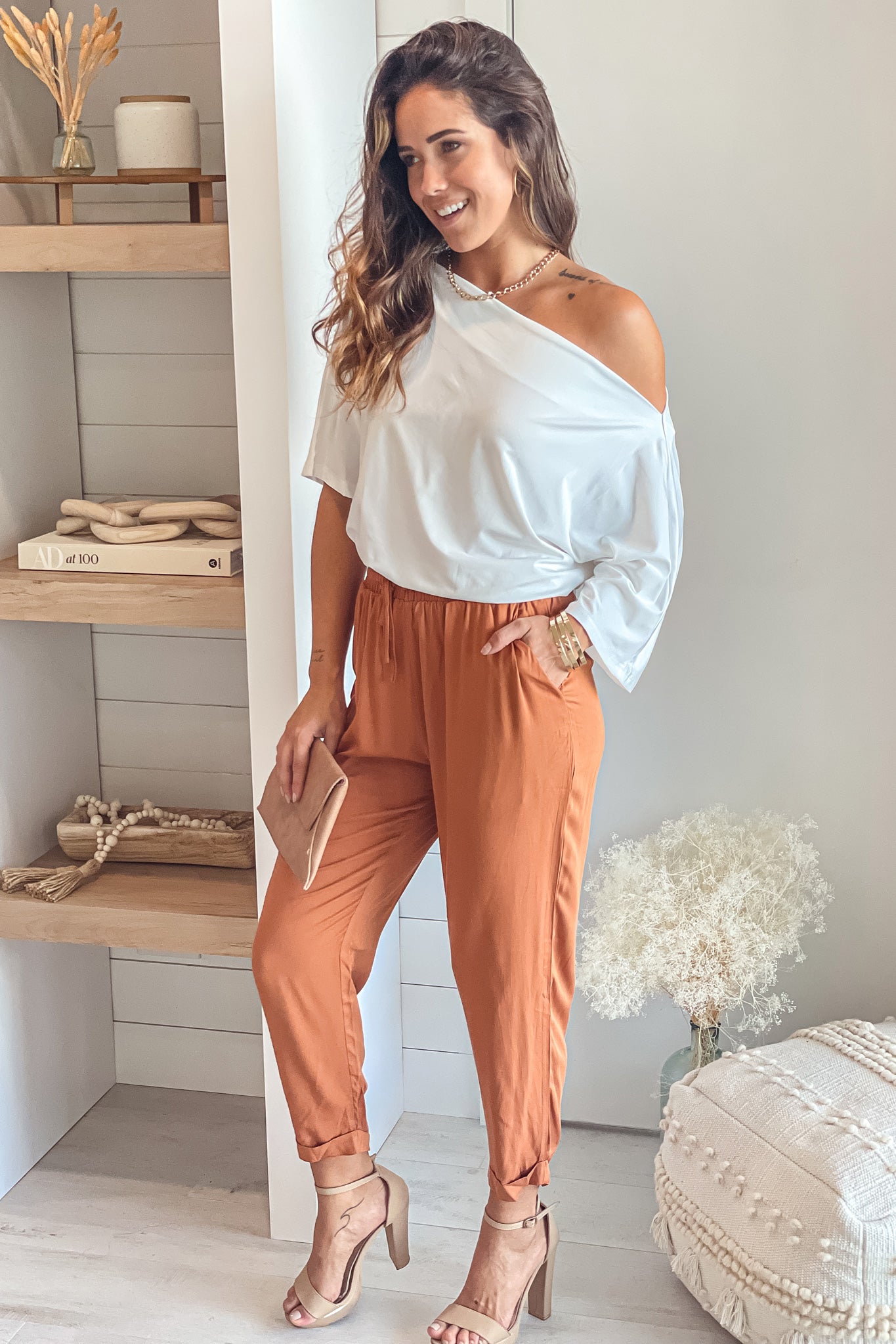 white and camel cute jumpsuit