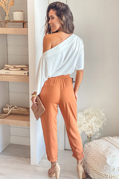 white and camel jumpsuit