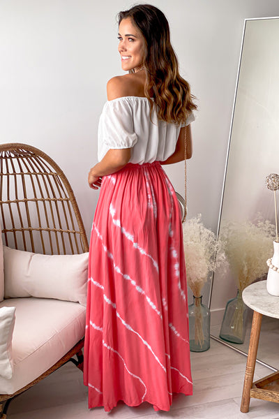 white and coral maxi dress