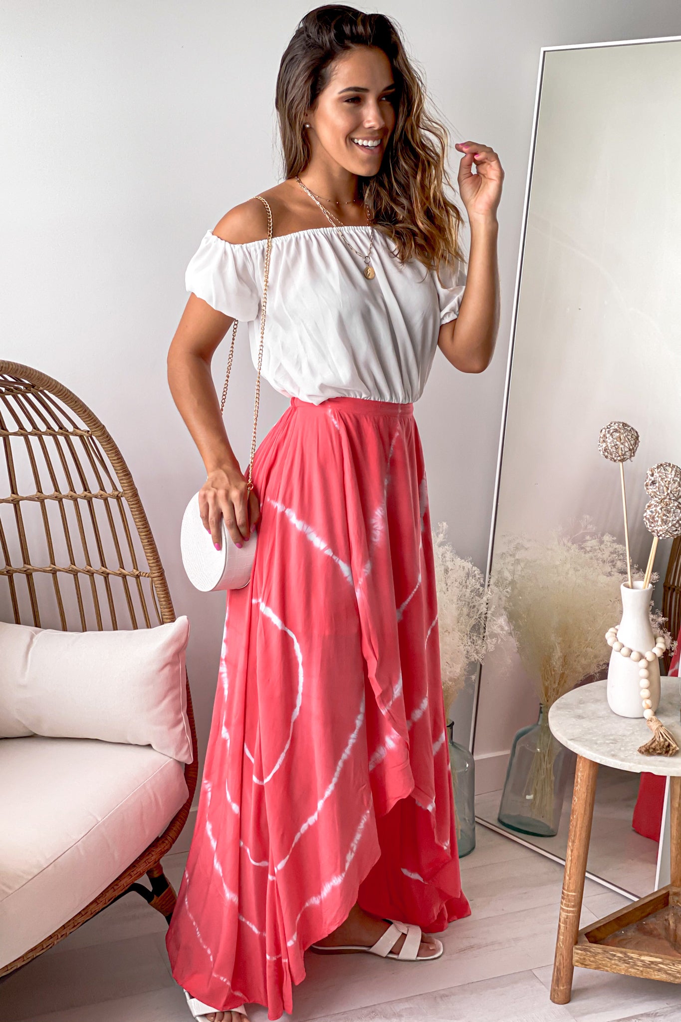 white and coral off shoulder dress