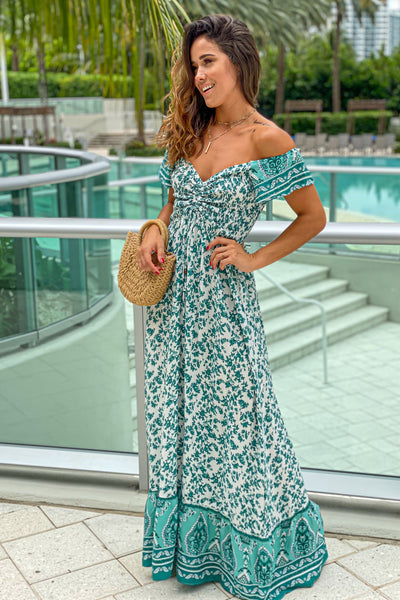 white and green floral maxi dress