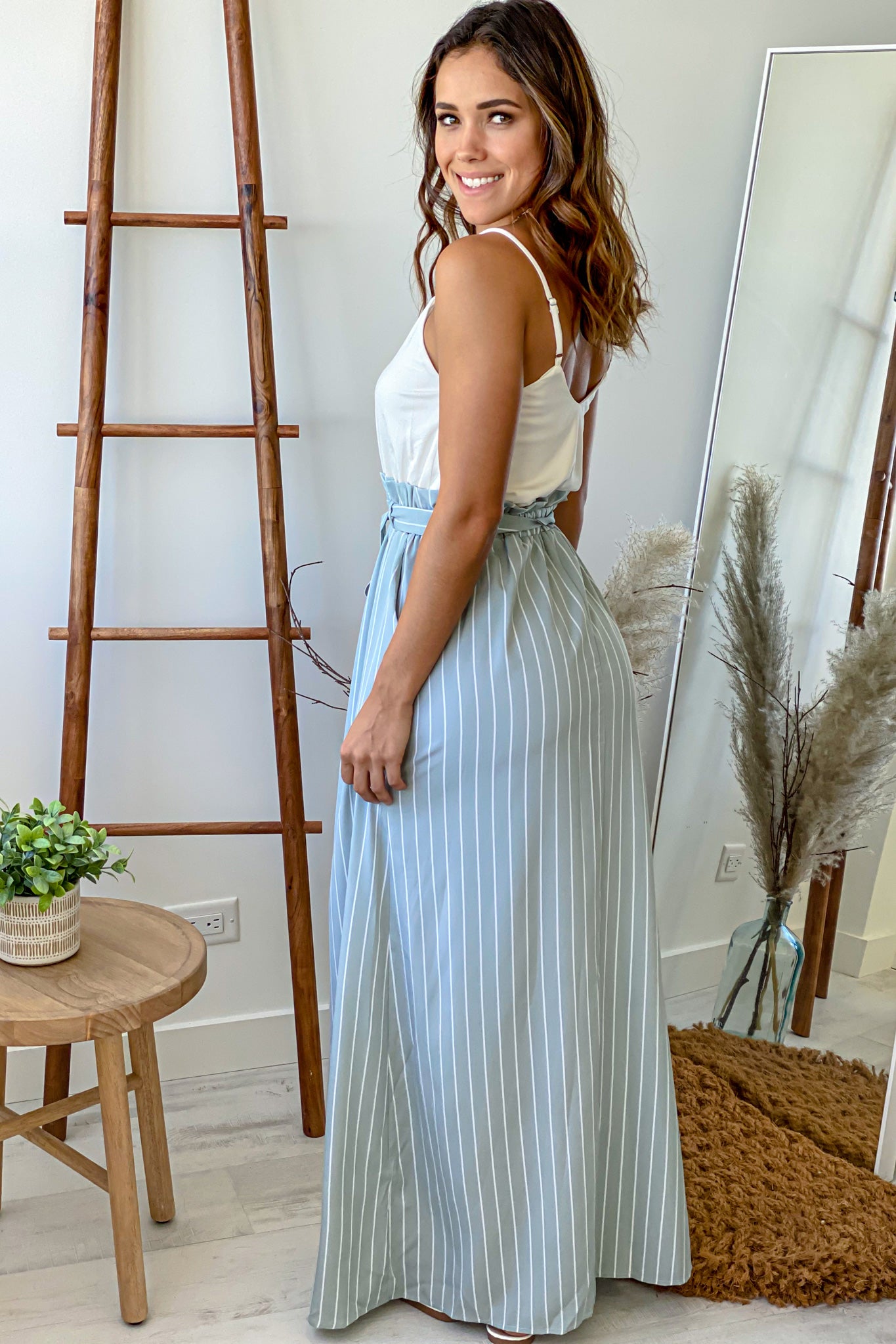 White and Light Blue Striped Maxi Dress