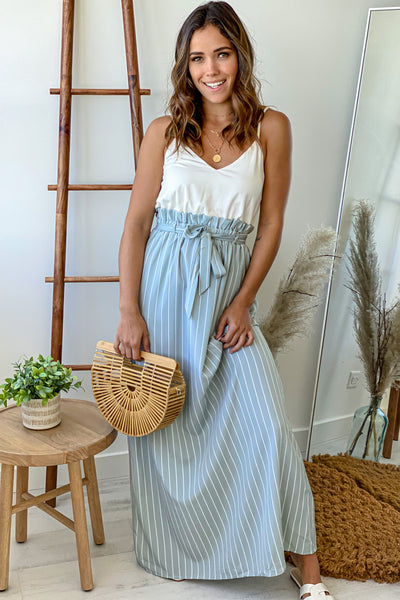 white and light blue striped maxi dress