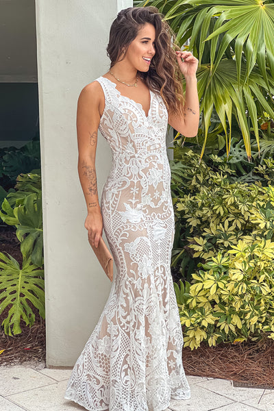 white and nude lace maxi dress