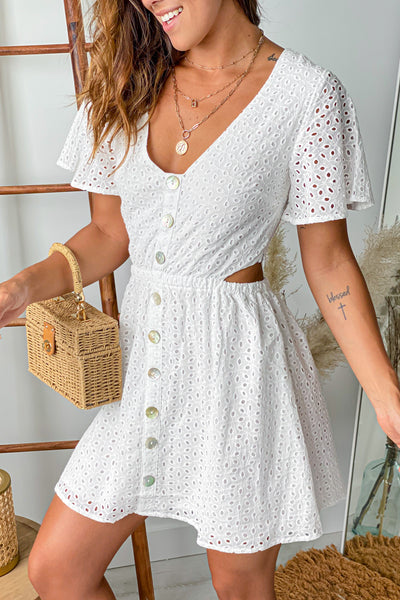 white button down short dress with open back