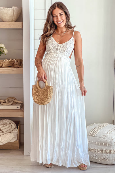 white crochet top maternity maxi dress with frayed hem